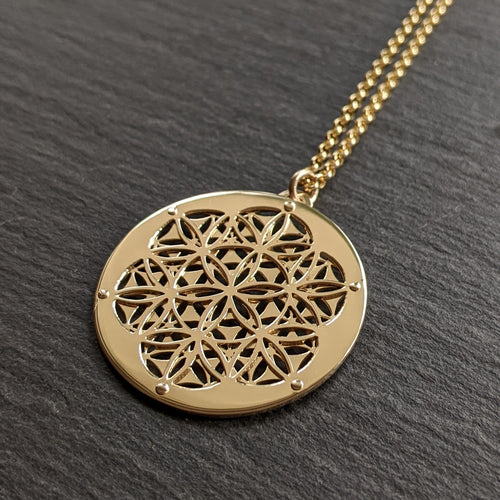 Handcut 9ct gold Seed and Flower of Life Pendant