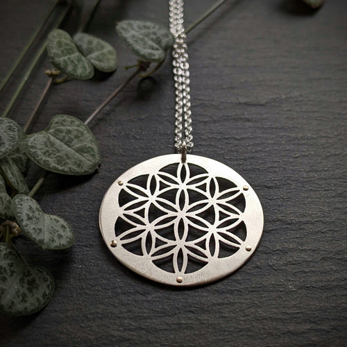 Handcut Flower of Life Pendant - sterling silver and 9ct gold