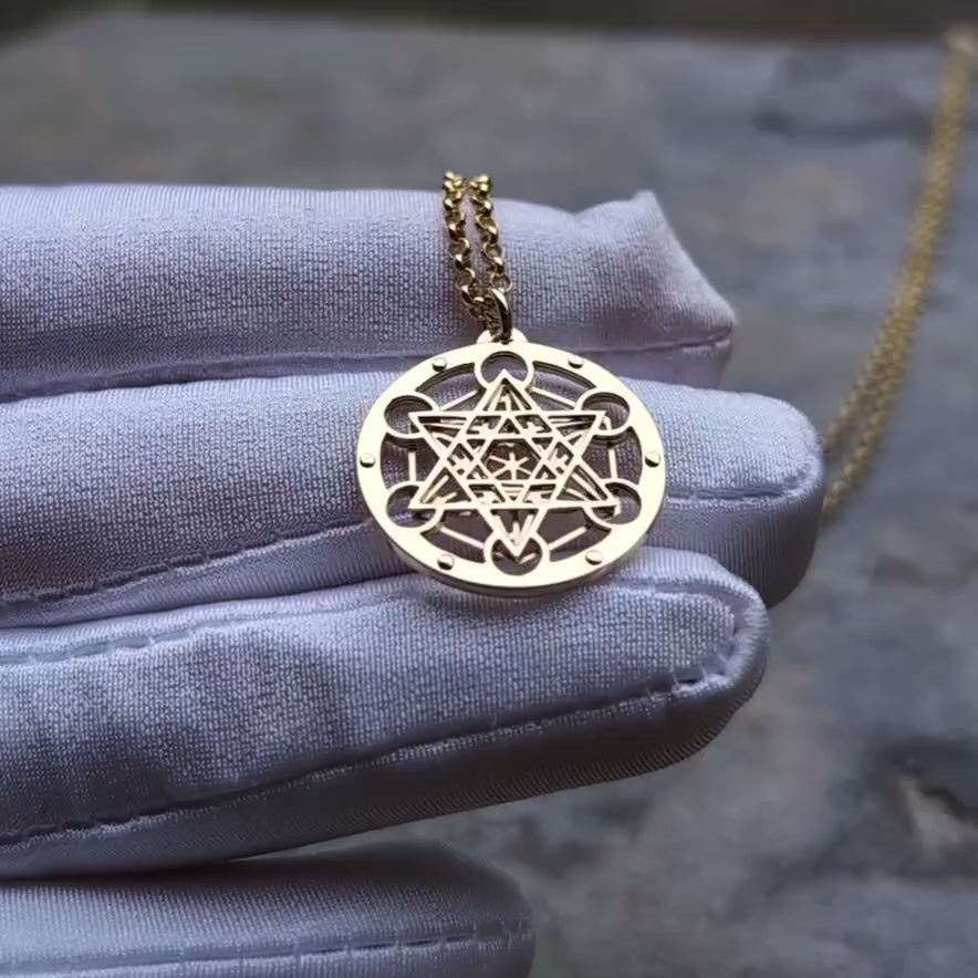 Tiny 9ct gold Metatron's Cube Pendant - high polish finish