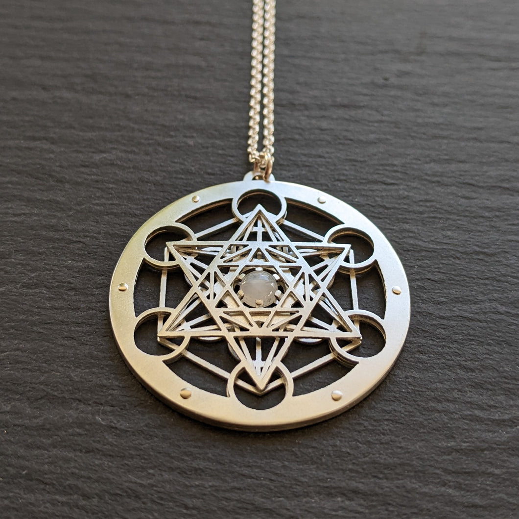 Handcut Metatron's Cube Pendant - Moonstone