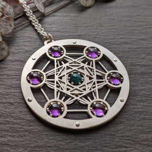 Handcut Metatron's Cube Seven Gem Pendant - Medium