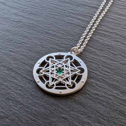 Handcut Emerald Metatron's Cube Pendant - Tiny