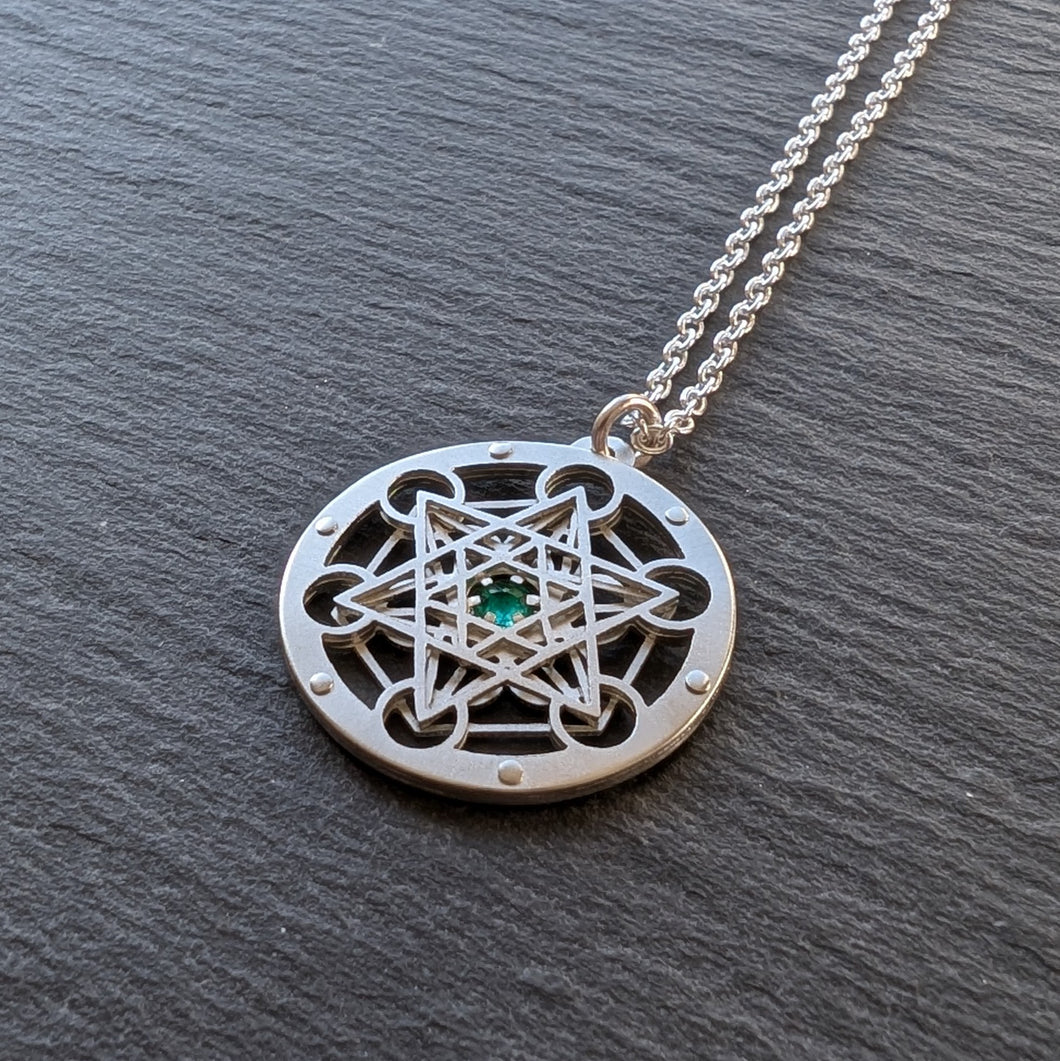 Handcut Emerald Metatron's Cube Pendant - Tiny