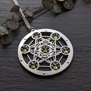 Handcut Moldavite Seven-Gem Metatron's Cube pendant - Medium