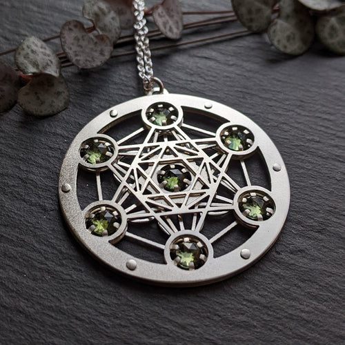 Handcut Moldavite Seven-Gem Metatron's Cube pendant - Medium