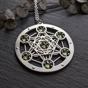 Handcut Moldavite Seven-Gem Metatron's Cube pendant - Medium
