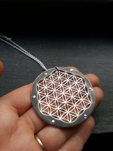 Handcut Flower of Life Pendant - triple layer with oxidised copper border