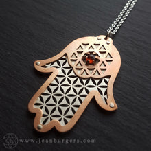 Large Hamsa Protection Pendant - Flower of Life Red Garnet