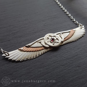 Handcut Egyptian Winged Disk Pendant - red garnet