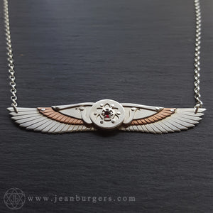 Handcut Egyptian Winged Disk Pendant - red garnet