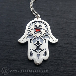 Handcut Hamsa Protection Pendant - Red Garnet