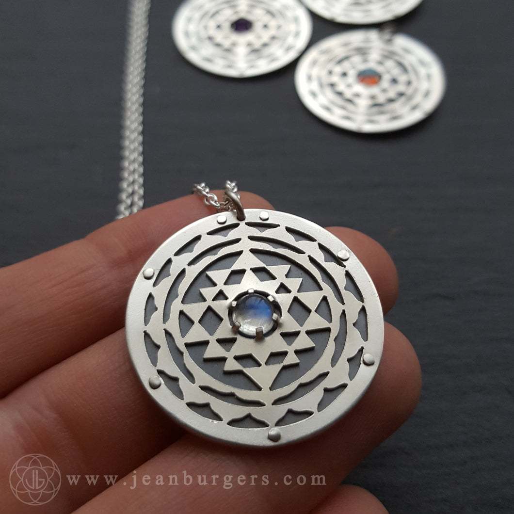 Handcut Sri Yantra Pendant - choose your gemstone